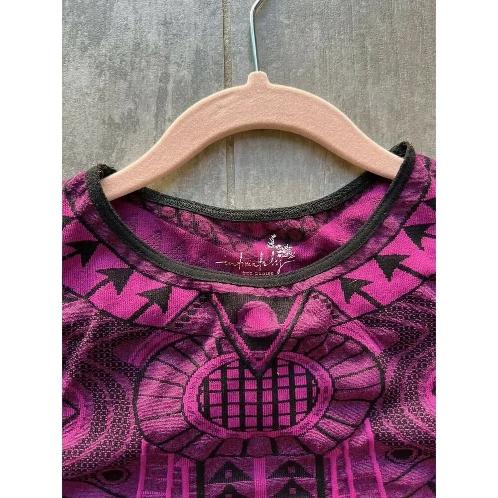Intimately Free People Tribal Fitted Purple Black High Neck Stretch Bodysuit M